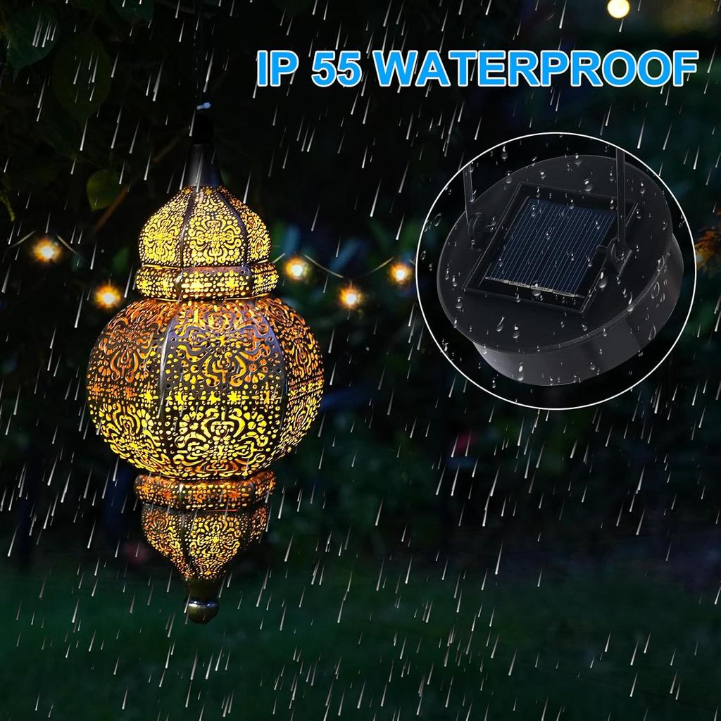 Hanging Solar Lights, Outdoor Decor Solar Lantern, Waterproof Metal Moroccan Lantern for Outside Patio Pathway Yard Front Porch Backyard Garden