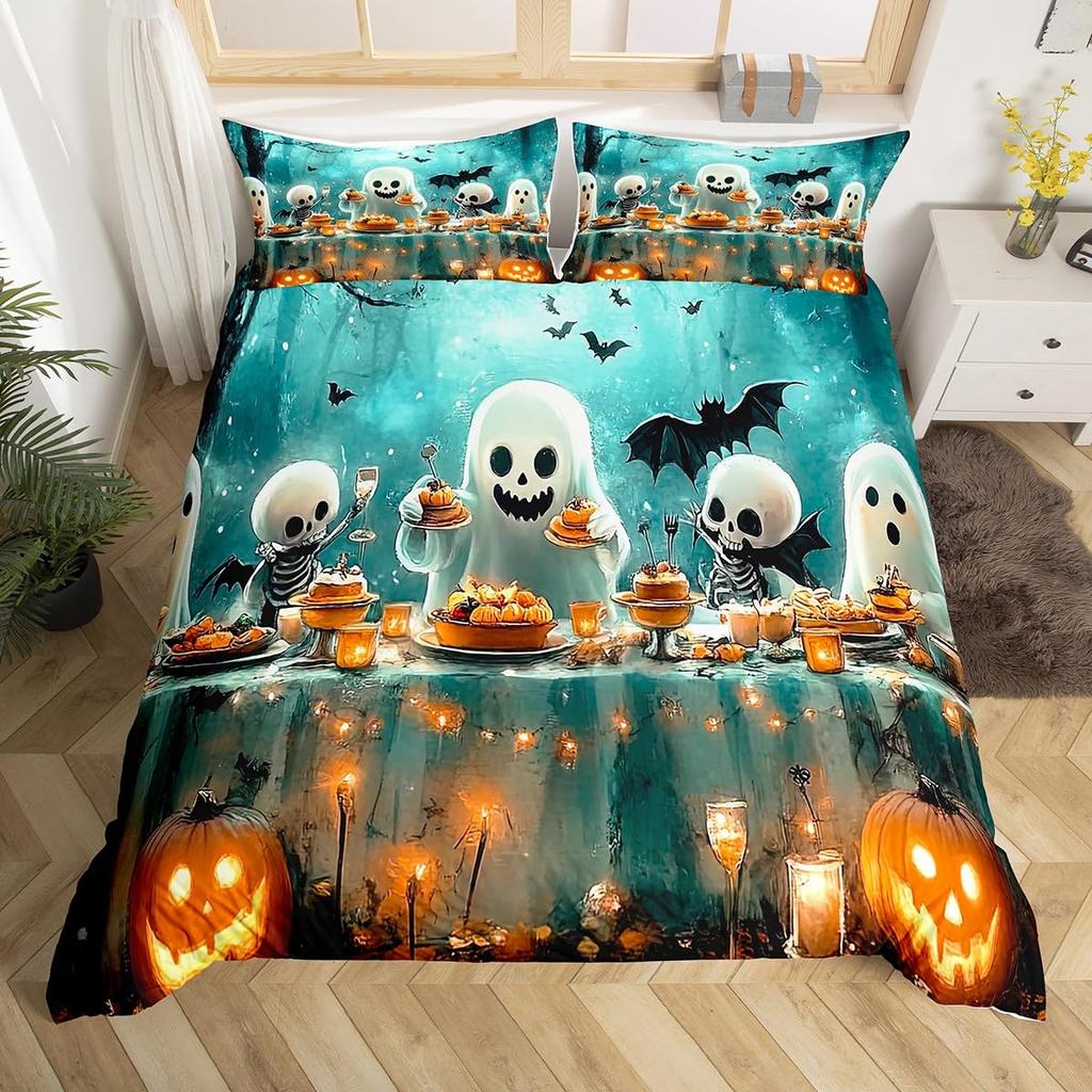 Comforter Happy Halloween Ghost Full Bedding Set For Boys Girl Spider Bat Black Cat Print Comforter Trick Or Treat Theme
