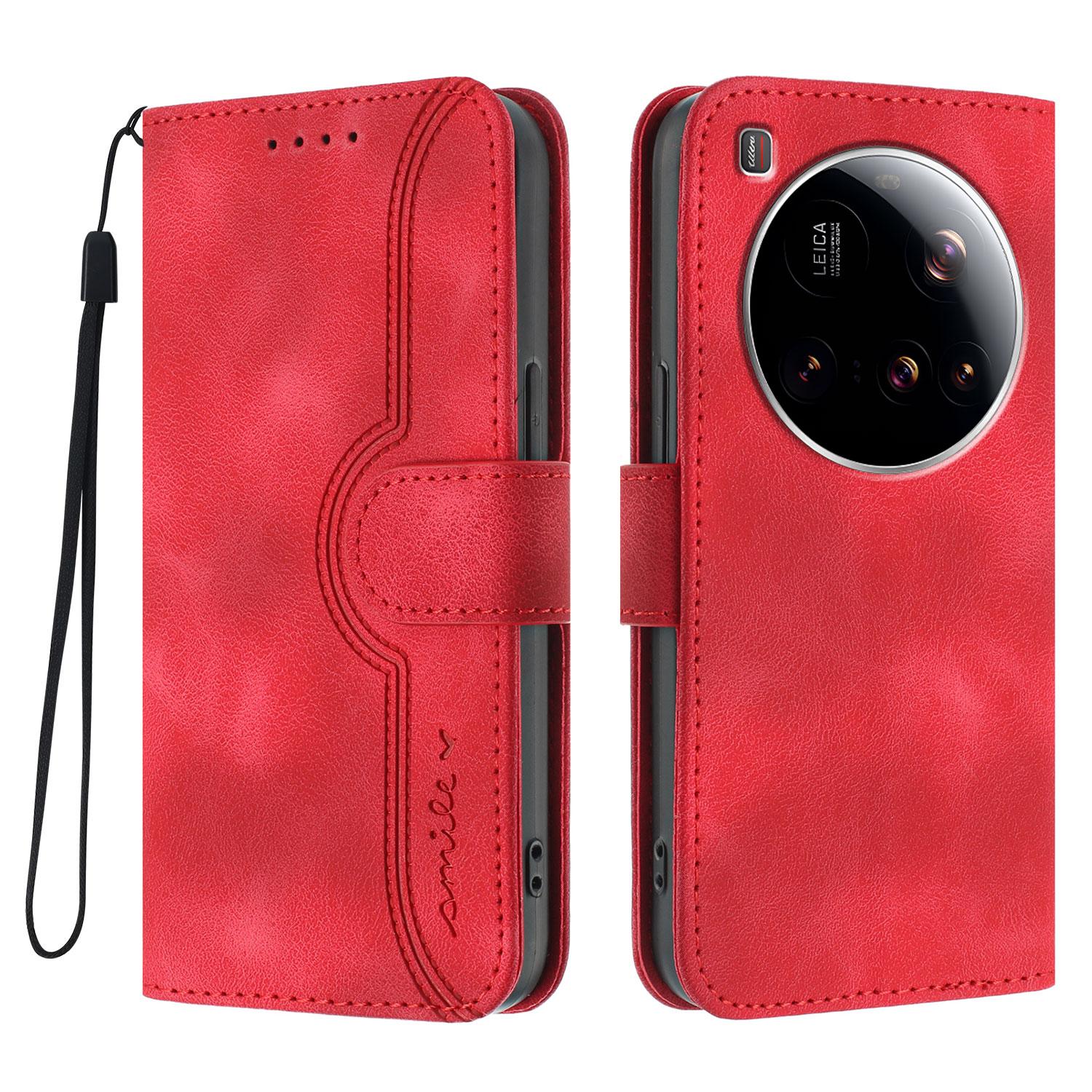 

For Xiaomi 15 Ultra Leather Case Wallet Stand Smile Imprinted Phone Cover with Strap Red