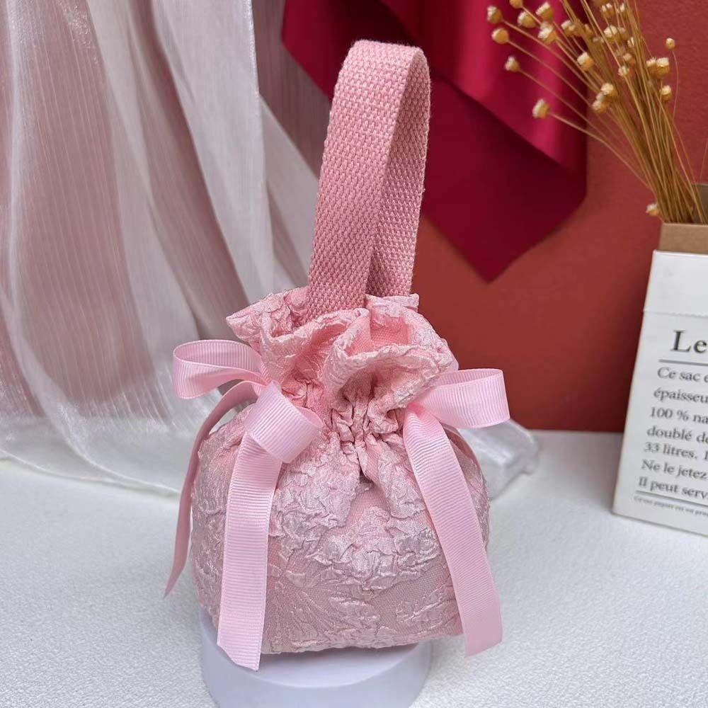 Satin Bow Canvas Floral Drawstring Bag Mesh Flower Bowknot Handbag Small Flower Wrist Bag Wedding
