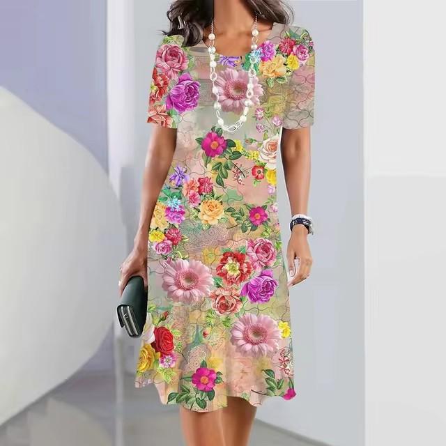 Elegant Women Short Sleeve Fashion 3d Print Midi Dress Plus Size Beach Clothing