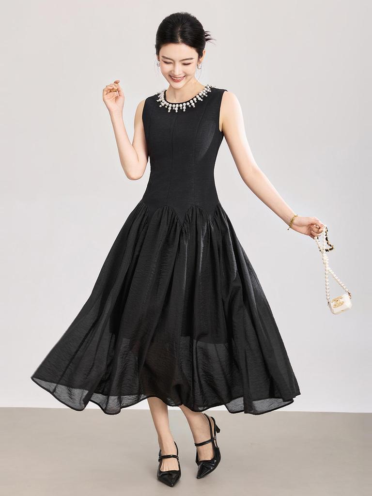 High-Quality Beaded Tencel Crepe Waist-Cinched French Aristocratic Style Tea Party Dress for Women