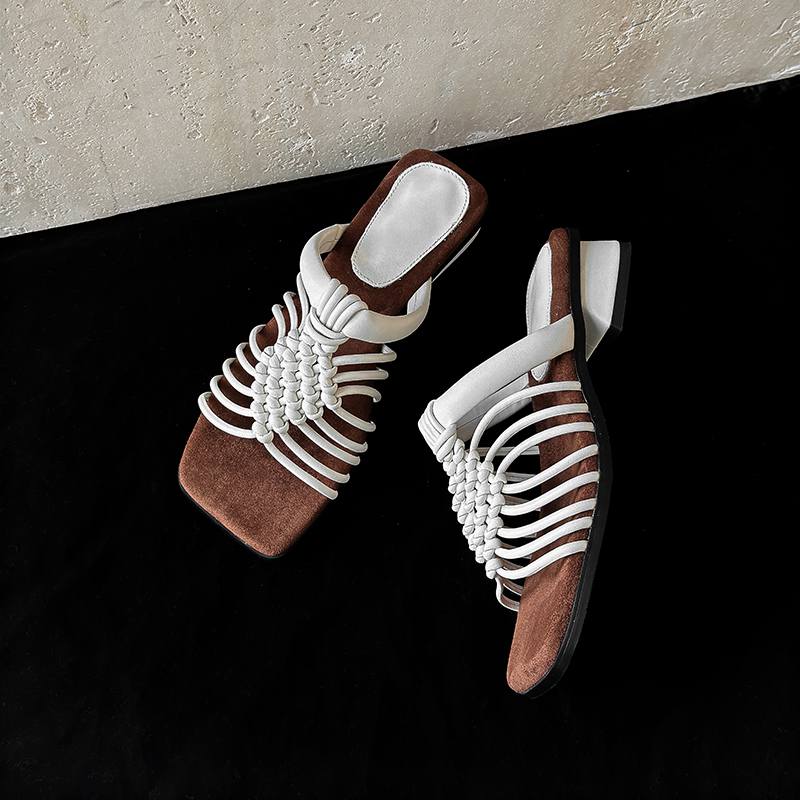 Krazing Pot Straw Weaving Summer Size 40 High Quality Slip on French Chic Thick Heels Women Peep Toe Sandals