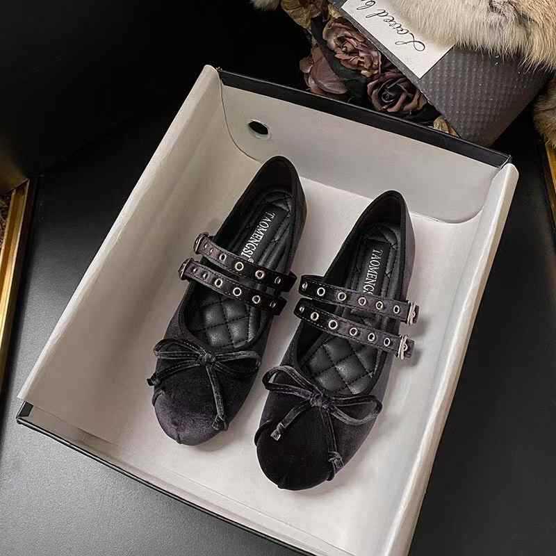 Sheepskin version~ velvet flat Mary Jane shoes women's spring new double buckle bow ballet shoes retro single shoes