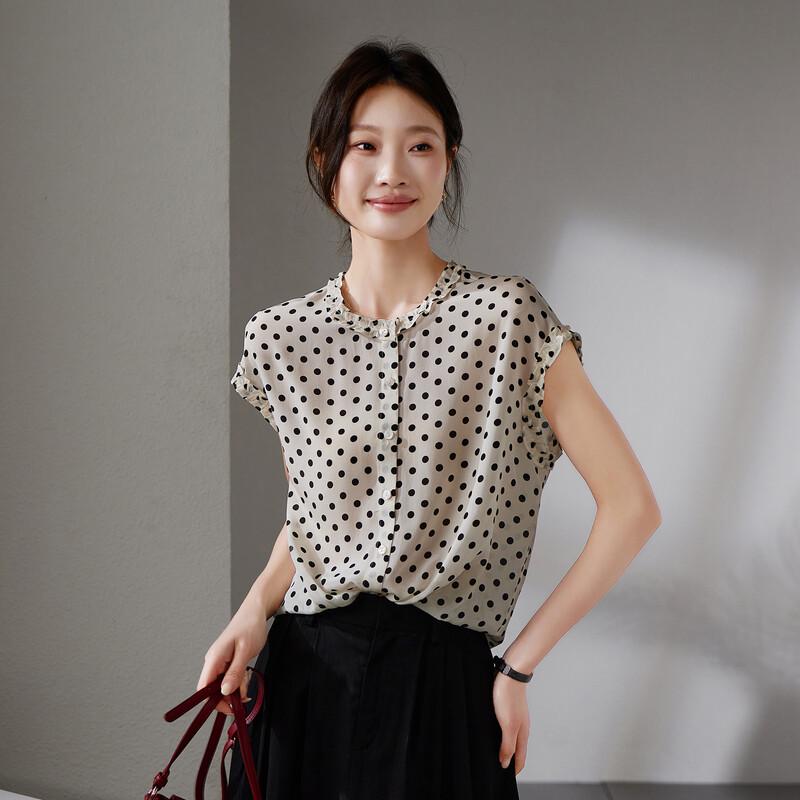 SOFSIL Women s 100% Silk French Retro Dot Print Short Sleeve Blouse XL