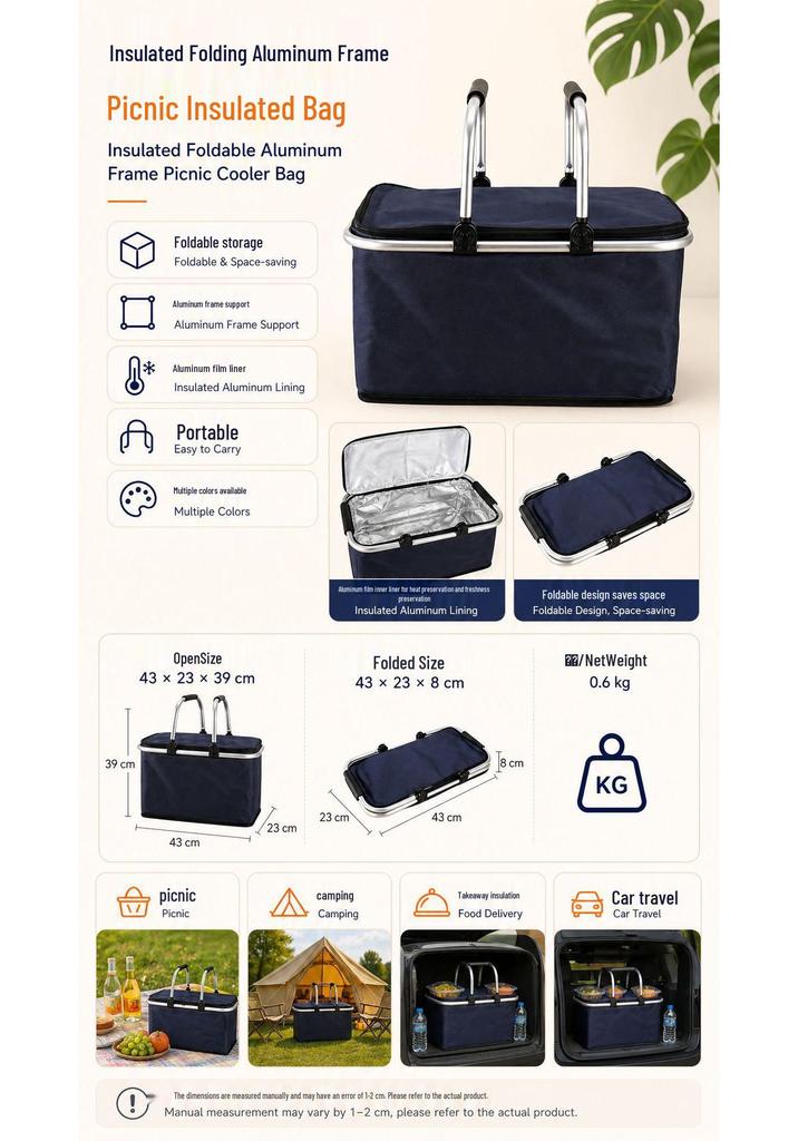 Portable Foldable Insulated Picnic Cooler Bag with Aluminum Foil Thermal Insulation for Camping and Outdoor Use