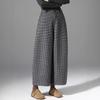 Women's High-Waisted Woolen Wide-Leg Plaid Pants with Velvet Lining for Autumn/Winter – Petite Casual Style.