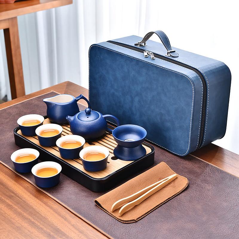 Zhuijia Black Pottery Travel Tea Set 10-Piece Set with Bamboo Tray & Blue Gift Box