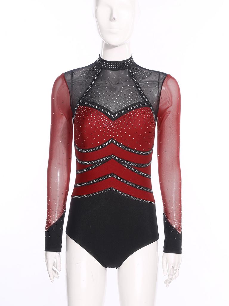 S-XXL Damen Performance Bodysuit: Rhinestone-Netz-Langarm mit Rückenausschnitt & Druckknöpfen im Schritt für Gymnastik, Eiskunstlauf