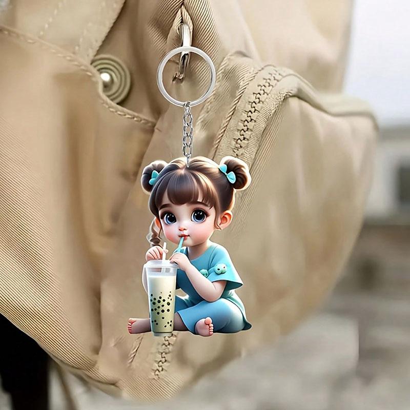 1 Cute Acrylic Girl Keychain, 2D Flat, Holiday Gift, Backpack Accessories, Key Decoration, Car Decoration, Keychain, Pendant