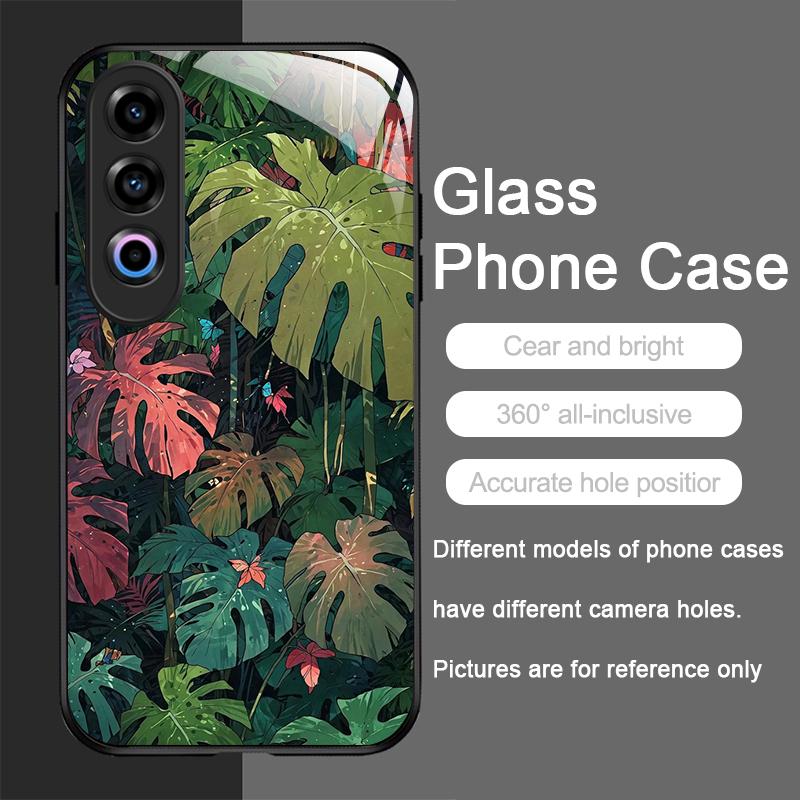 Fashion Palm Leaf Floral Pattern Tempered Glass Phone Case for OnePlus 13R 12 11 10 9 Nord CE4 3 2 Lite ACE2 ACE3 Pro Hard Cover