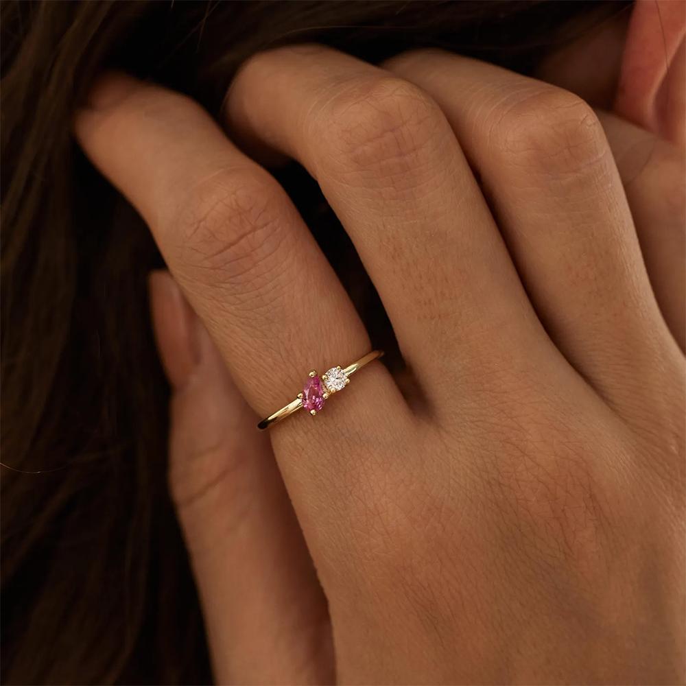 Custom Two Birthstone Rings Gold Color New Dainty Gemstones Minimalist Stainless Steel Jewelry Gift For Wife Proposal Wedding