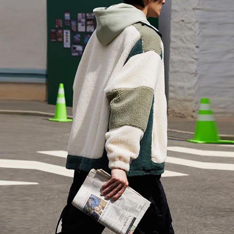 Li Ning Sports Fashion Series Wu Xing Series Color Block Faux Lamb Fleece Casual Loose Jacket Unisex Jacket Eggnog-Gray AWDRF33-1