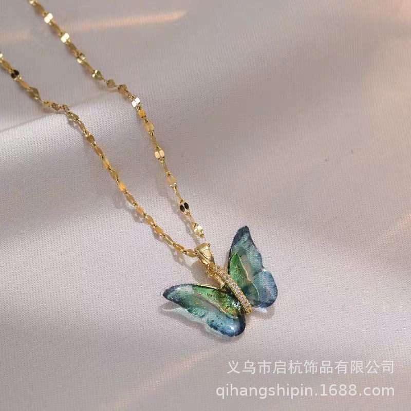 Butterfly Necklace Women'S Light Luxury Simple Personality Trend Inlaid Colorful Pendant Collarbone Chain