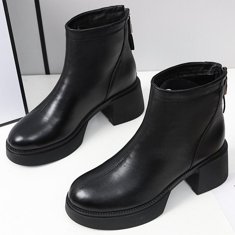 2025 Winter Shoes Women Sheepskin Fashion Modern High Heels Boots Plush High Heels 6cm Brand Ladies Ankle Boots Pure Black