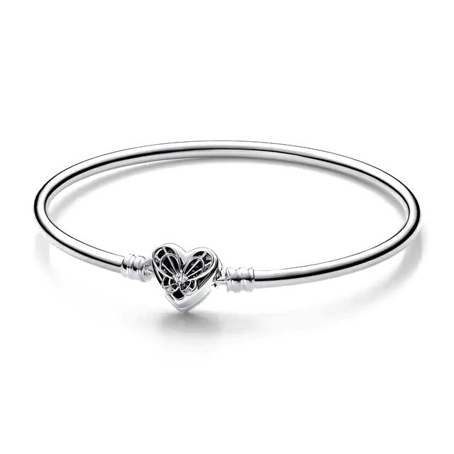 925 Silver Original 17-21CM Pearl Heart-Shaped Hard Ring Square Buckle Round Bracelet Fit for DIY Mini Birthday Jewelry Gifts