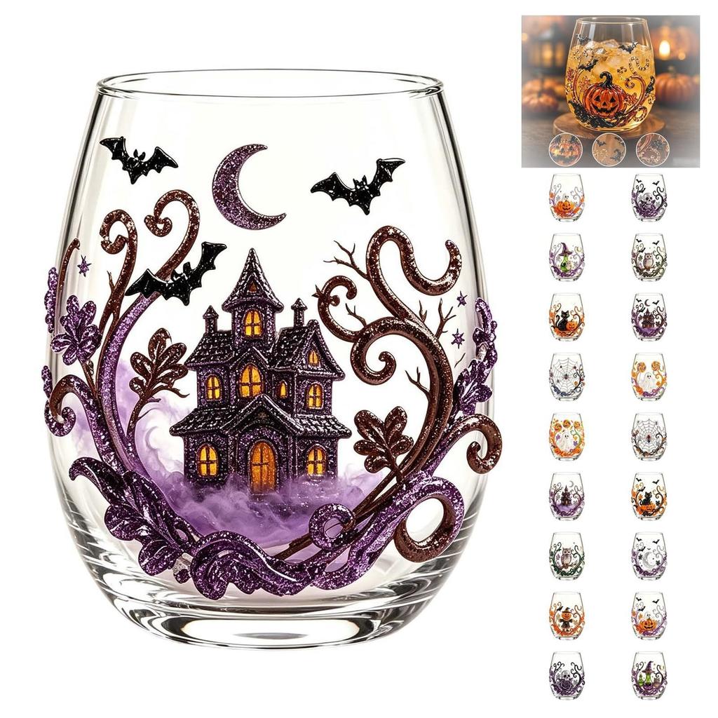 2D Halloween Artisan Glassware Collection, Drinking Glasses with Raised Pumpkin Ghost Black Cat Web Design, Spooky Clear Cups for Cocktails Juice