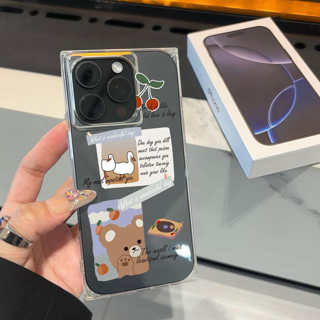 Clear Square Back Tube Case Protection For iPhone 15 Plus 11 12 16 ProMax 13 14 Pro Max Anti-Oxygen,Cartoon Bear Pattern Casing