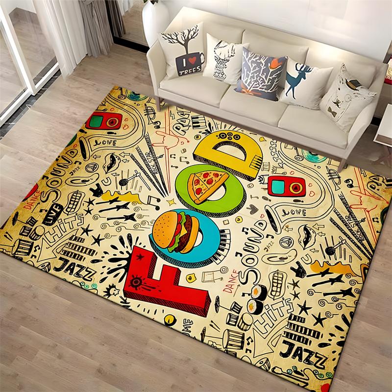 Colorful Fun Pattern Carpet with Food, Music, and Doodle Art Design Suitable for Use As an Anti-slip for Living Room Bedroom Sofas