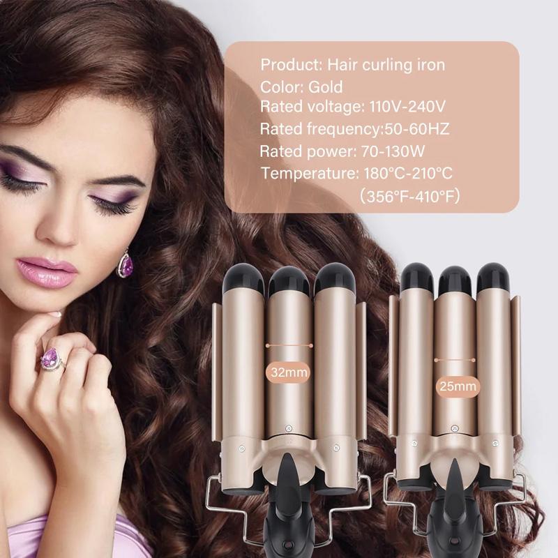 Fier de curling portabil cu trei valuri adânci spiralat rotativ ondulator electric cu 3 butoaie Fier de ondulat magic automat