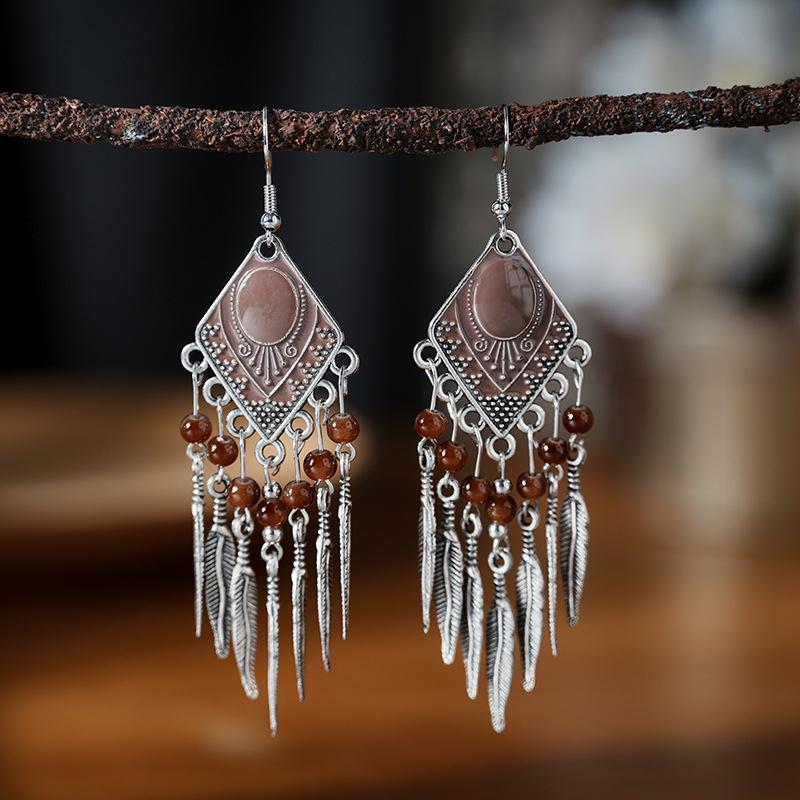 Fashion Vintage Bohemian Leaf Tassel Drop Dangle Earrings For Women Enamel Rhombus Geometric Beads Handmade Boho Earring Zircon