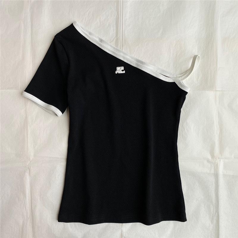 

24SS Asymmetrical Color Block Off-Shoulder Short Sleeve Slimming Cotton T-Shirt Medium чорний