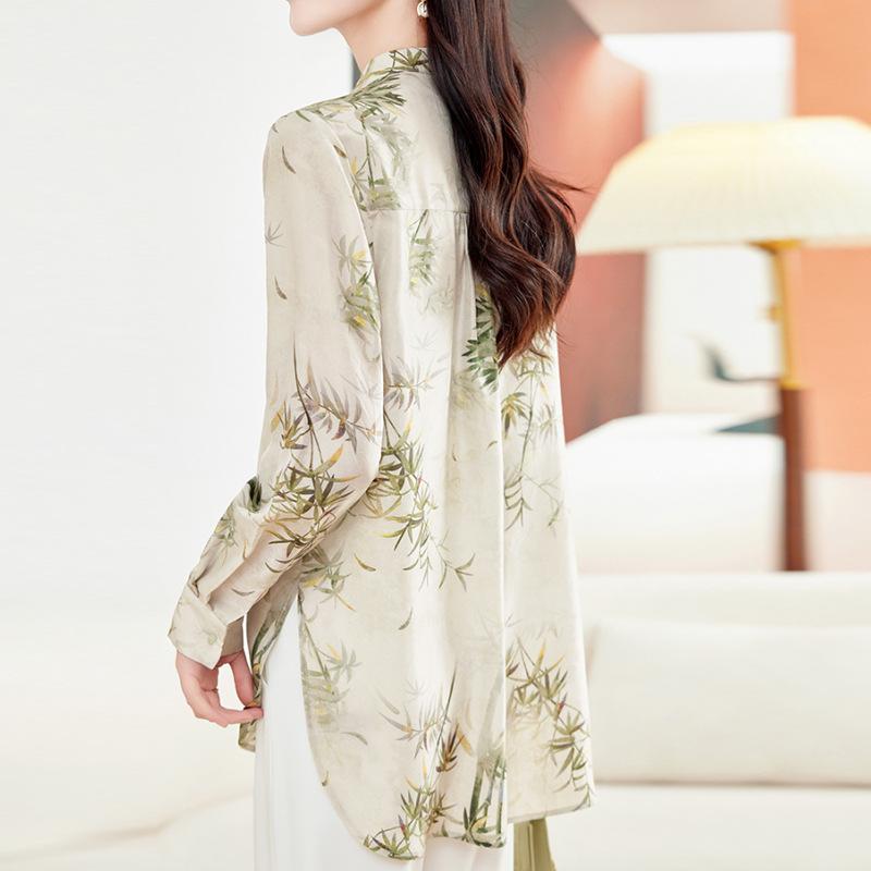 Silk shirt women's spring and autumn clothes new double crepe mulberry silk printed top