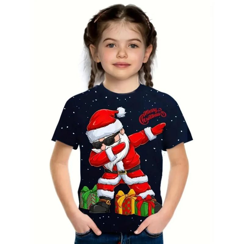 Summer Round Neck 3D Cute Cartoon Christmas Printed T-shirts Fashionable Casual Short Sleeved Children's Boy and Girl Kids Unisex T-shirts