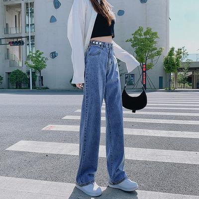 Mode All-match Blauwe Dames Wijde Pijp Rechte Jeans Slim Hoge Taille Knoop Denim Broek Losse Broek