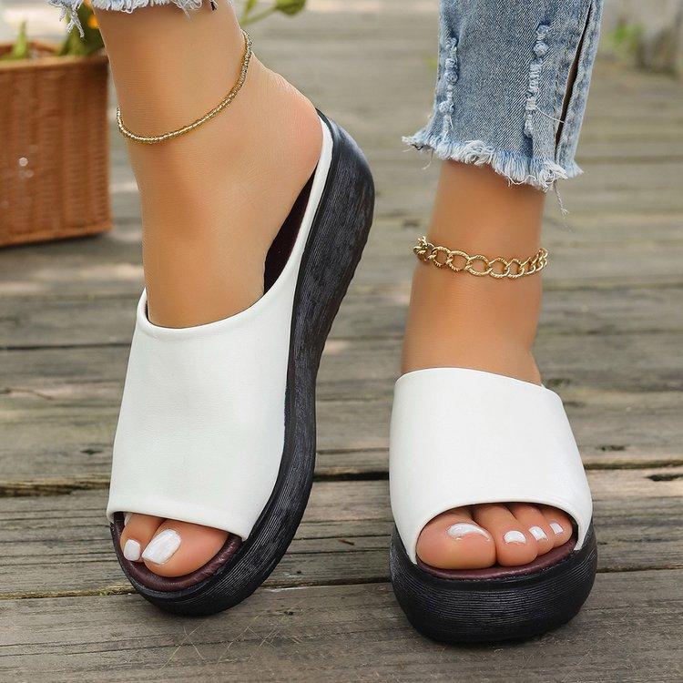 2025 Summer New Large Size Fish Mouth Wedge Slippers Rubber Platform Leather Casual Women's Shoes Size 44