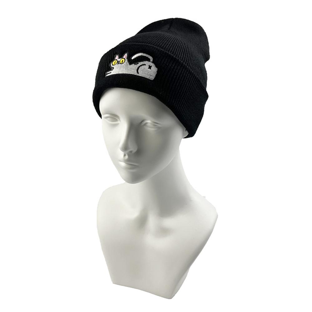 1 Stück Neue modische Unisex-Mütze mit Cartoon-Katzenstickerei, Strickmütze, warm, Herbst/Winter, Skullies-Mütze, Hip-Hop-Mütze, Schwarz
