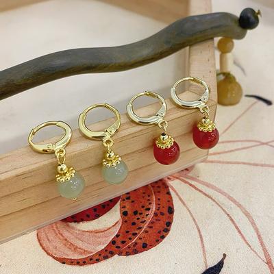 Chinese Style Hetian Jade Ear Buttons for Women's New Chinese Style Red Agate Earrings