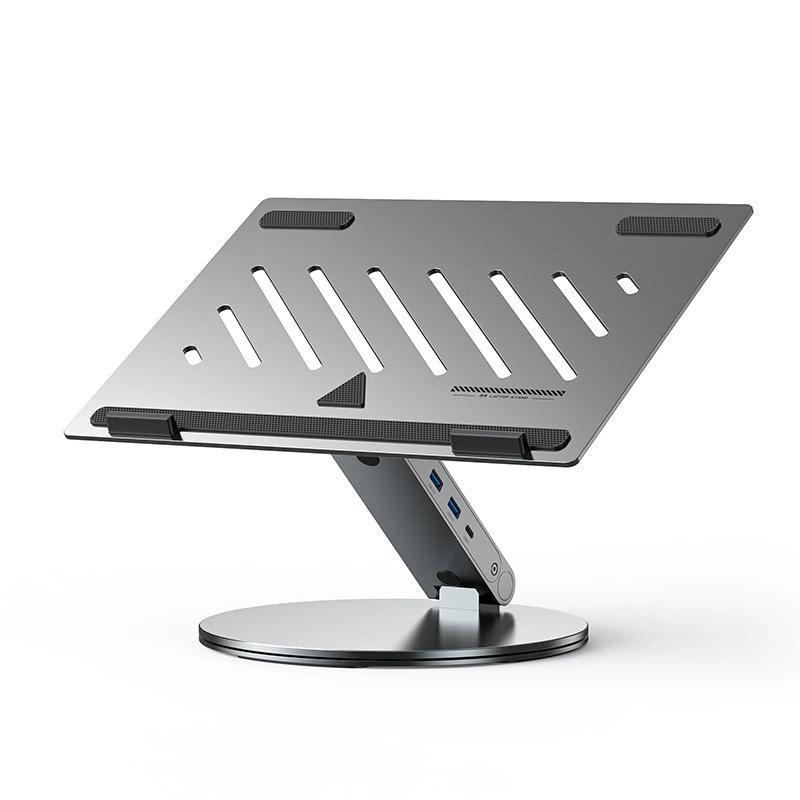 Aluminum Laptop Base Containing 6 In 1 USB Type C 360 Degree Rotating Adjustable Laptop Cooling Support