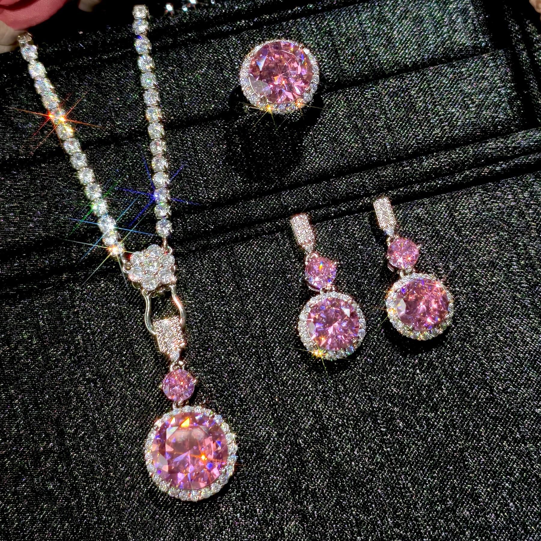 2026 Pink Zircon Necklace, Romantic Cherry Blossom Pink Diamond Set, Long Argyle Pink Diamond Stud Earrings Pendant. 45CM