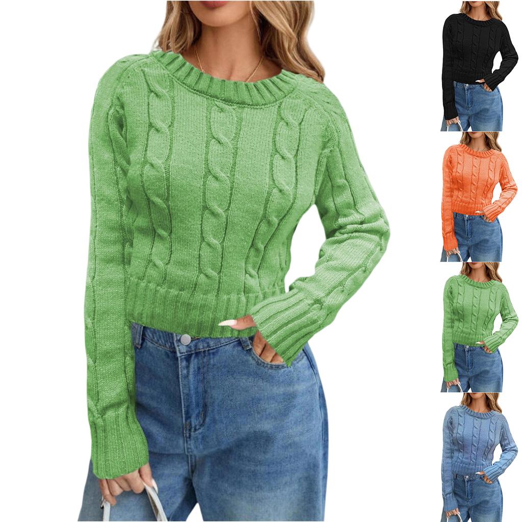 Women's Fashion Solid Color Round Neck Knitted Pullover Long Sleeve Sweater