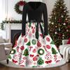 Women's Casual Vintage V-Neck Long Sleeve Dress with Christmas Print
