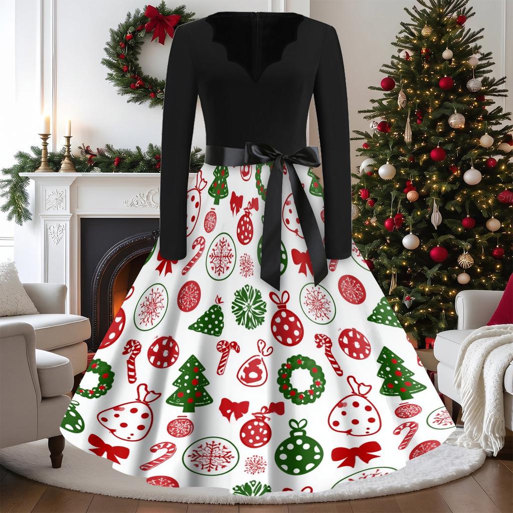 Women's Casual Vintage V-Neck Long Sleeve Dress with Christmas Print