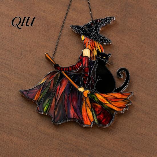 High Definition Printed Acrylic Vintage Halloween Cat Witch Decoration, Window Hanging Ornaments, Colorful Decoration Rustic Farmhouse Tree