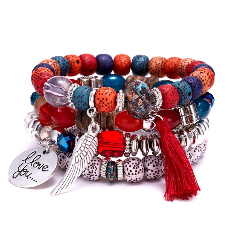 4pcs/set Multilayer Bracelets Bohemian Charm Beads Wings Tassel Bracelet Bangles Set for Men Women