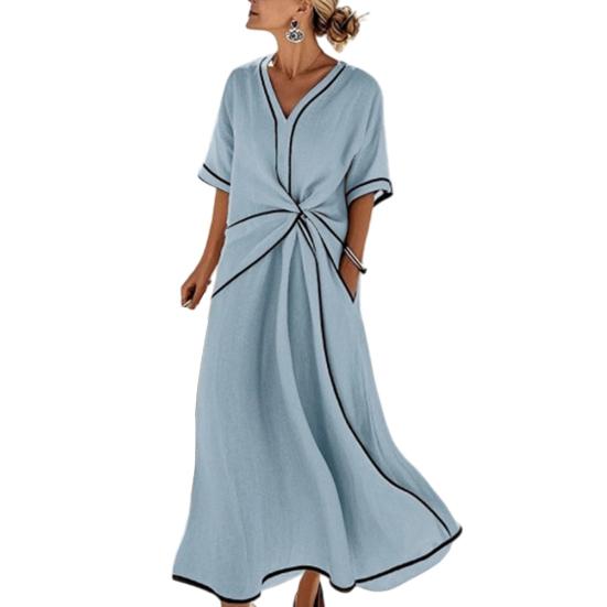 Women's Summer Casual Twist Waist Long Dress Cotton Linen Short Sleeve V Neck Boho Swing Dress Beach Vacation Flowy A-line Sundress