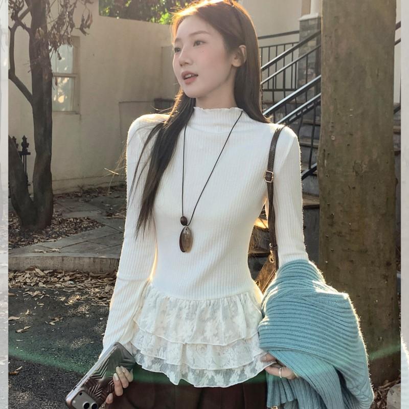 Johnature Lace Long-Sleeve T-Shirt Women Autumn Winter Korean-Style Simple Casual Base T-Shirts