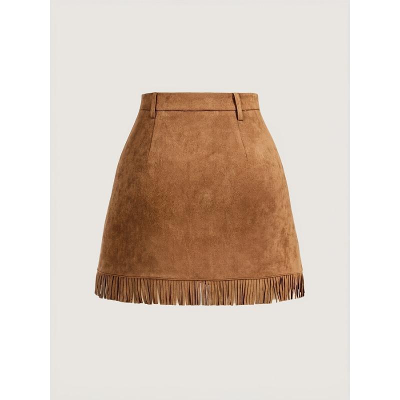 High-Waisted A-Line Tassel Hem Faux Suede Mini Skirt