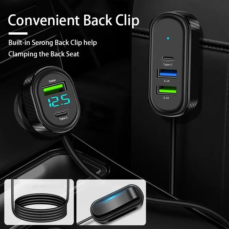 Caricabatterie da Auto 12V-24V 100W a 5 Porte 66W Super Ricarica Rapida Doppia USB+Type C con Display Tensione Cavo 150cm per iPhone/Android