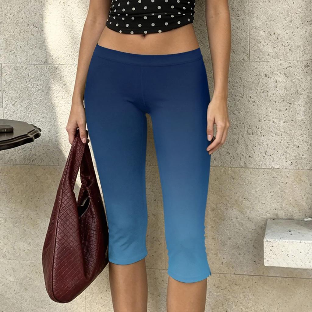 Women Milk Silk Gradient Print Casual Pants Mid Waist Stretchy Slim Fit Cropped Length Soft Lightweight Bottoms for Daily Wear