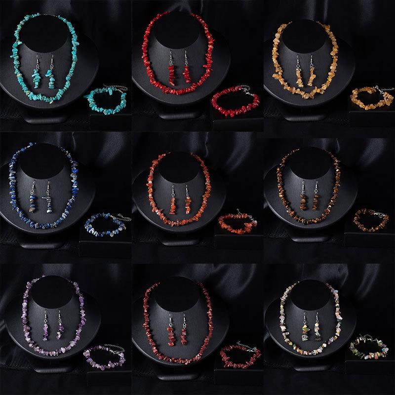 Böhmisches Unregelmäßiges Stein Schmuckset Damen Naturstein Kristallkies Halskette Armband Ohrringe Set