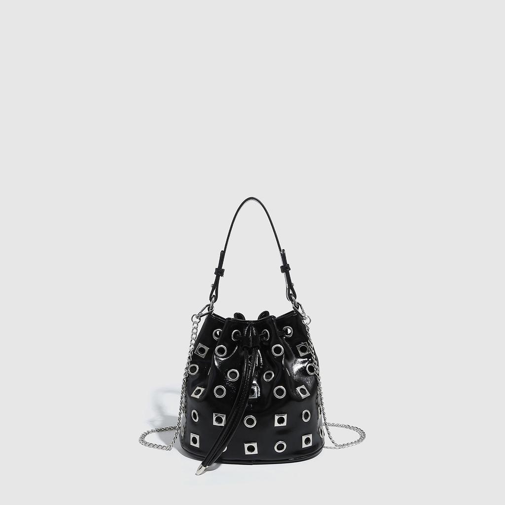 Small Bag Rivet Drawstring Bucket Bag Women Design Rivet Hollow Handbag Punk Style Hollow Shoulder Messenger Chain Women's Bag