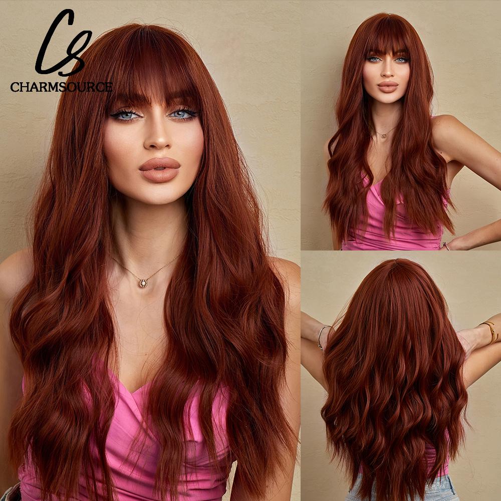 CharmSource Lange natürliche gewellte Perücke mit ordentlichem Pony/Fransen für Frauen, rosa Haar, synthetische Perücken, Cosplay, Party, hitzebeständige Faser
