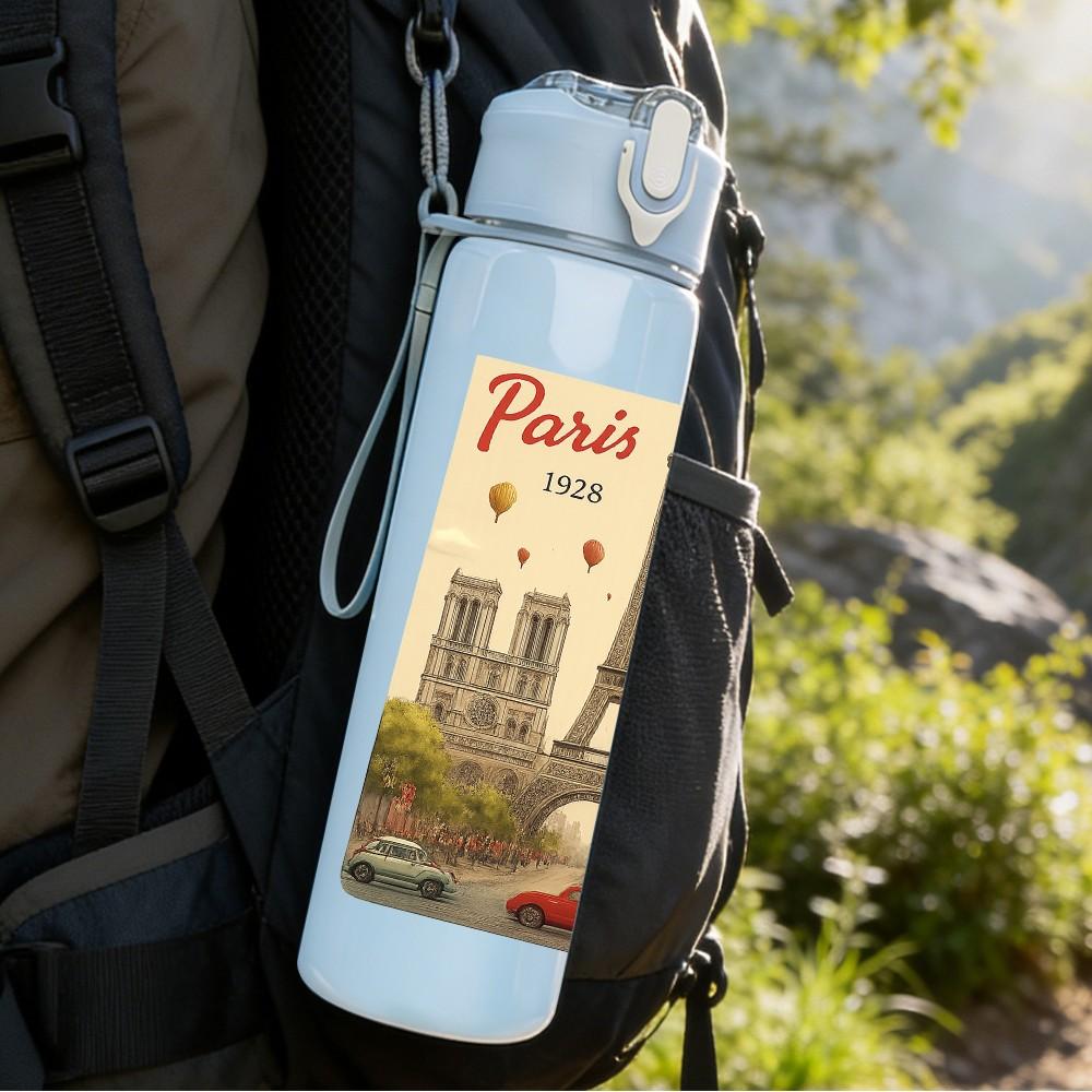 1PC Paris Eiffel Tower Retro Card 750ml Color Plastic Sports Water Bottle Leakproof Flip Straw Lid For Sports Office Home Use