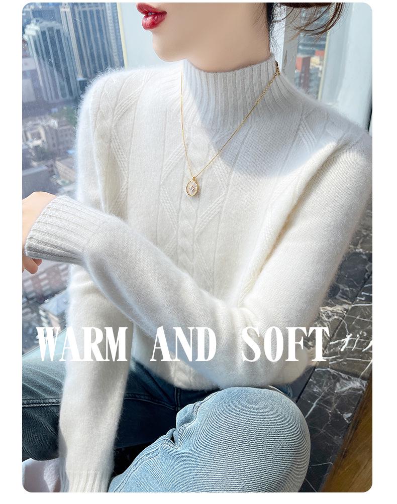 Damski wełniany sweter z golfem o splocie diamentowym - Wyszczuplający, wszechstronny pulower jesienno-zimowy