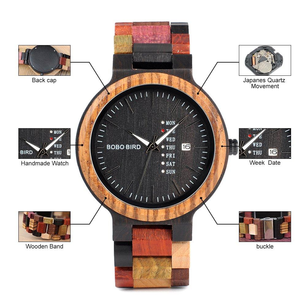 BOBO BIRD Men's and Women's Wooden Watch, Colorful Wood Watch, Day/Date Display, Multifunctional, Handmade Quartz Watch, Sports Chronograph, Unique (M